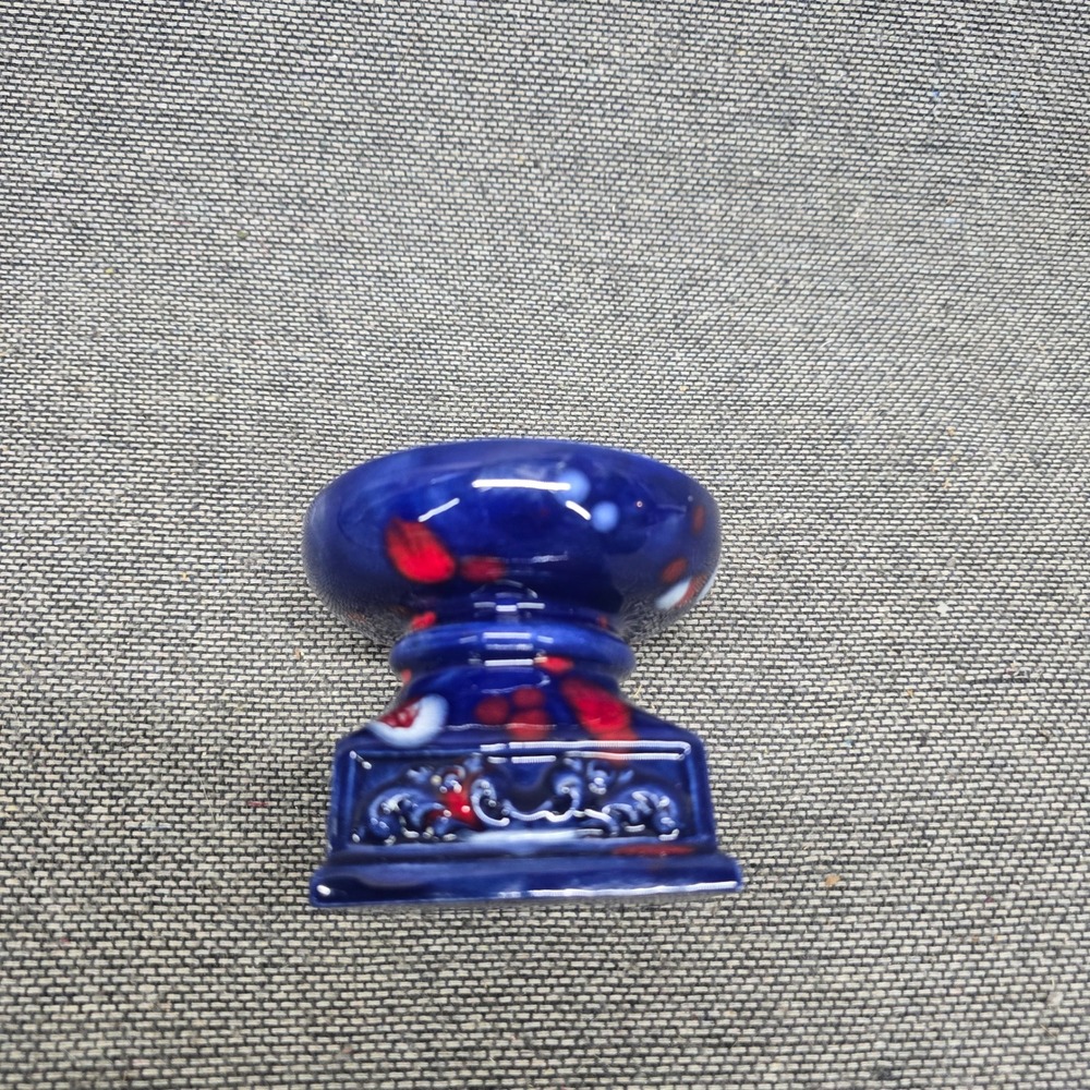 Vintage Studio Pottery 1976 Blue Red Splatter Ceramic Candle Holder Small Blue